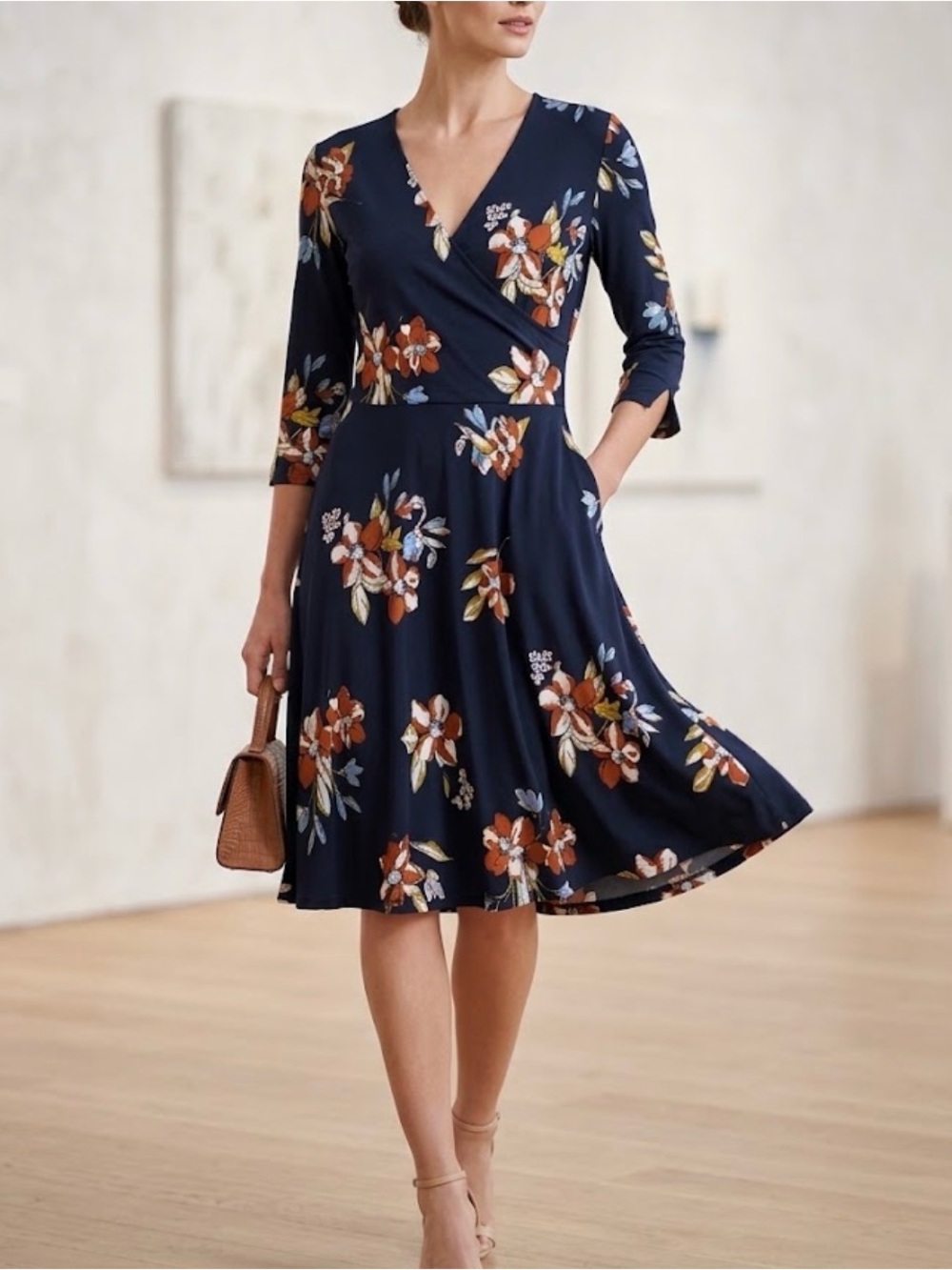 Xhilaration Navy Floral Wrap Midi Dress